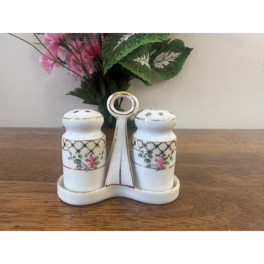 Vintage Noritake Japan Salt Pepper Shakers Floral Porcelain Set Gold Trim Holder
